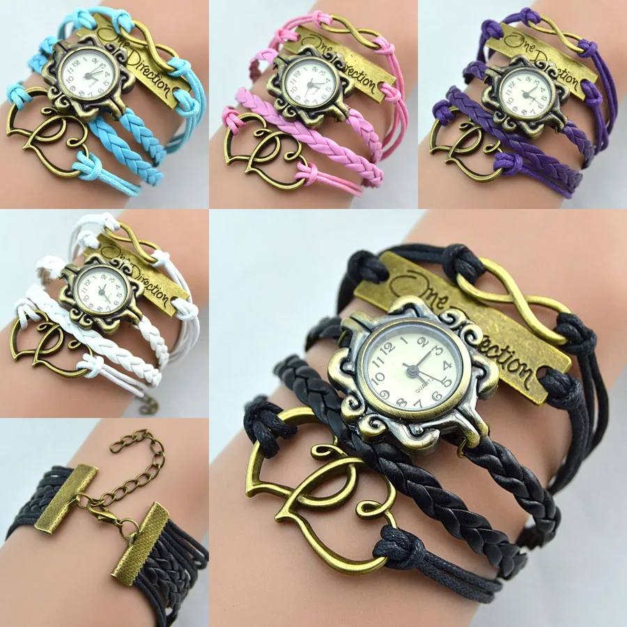

Infinity Direction Double Heart Leather Bracelet Watch Broze Fashion Jewelry Lobster Clip Women Watches