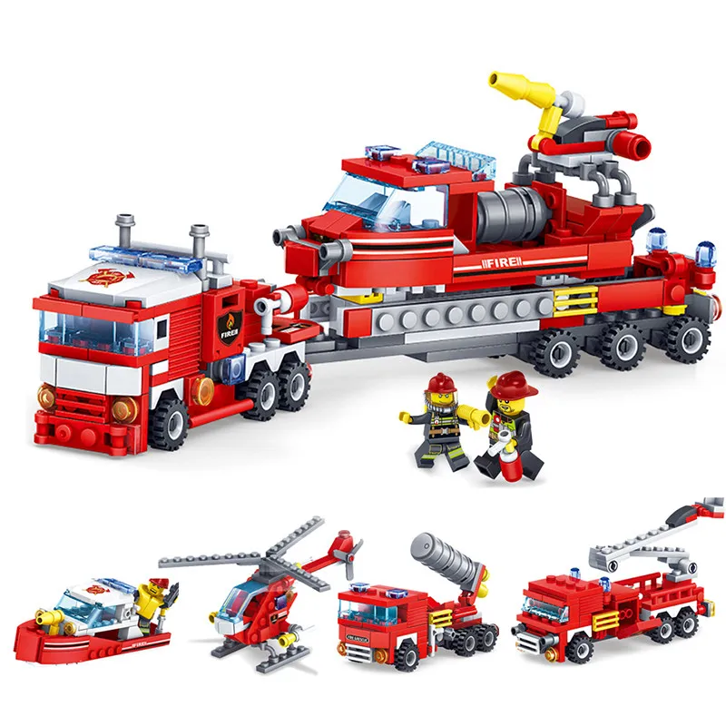 348pcs Fire Fighting 4in1 Trucks Car Helicopter Boat Building Blocks Compatible Legoing City Firefighter Figures Children Toys | Игрушки и