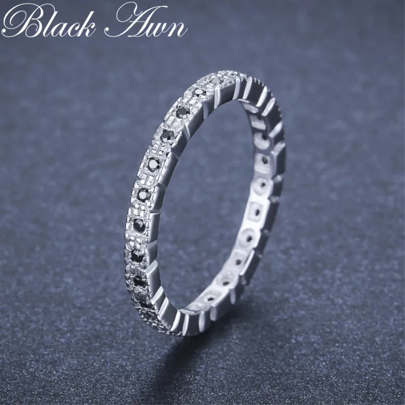 Black Awn Hot Sale 925 Sterling Silver Fine Jewelry Trendy Engagement Bague Black Spinel Women's Wedding Ring Bijoux Femme G012