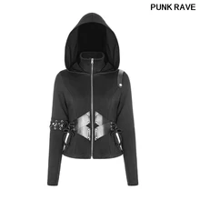 Готический ПУ Эластичный свитер в рубчик застежка-молния Веревка Slim Fit куртка короткая шляпа Кардиган Леди Пальто Верхняя одежда с капюшоном в стиле Панк RAVE WY-903ZDF