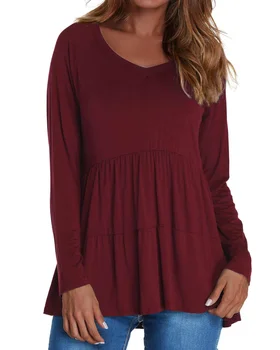 

Plus Size Patchwork Blouse Shirts Women 2020 Autumn Casual Loose Solid Sexy V-Neck Long Sleeves Tees Shirts Pullover Tops Blusas