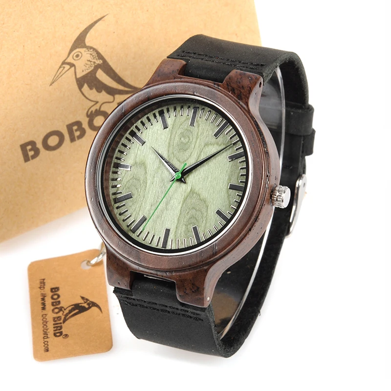 BOBO BIRD WC25 Ebony Wooden Watch Green Second Pointer Wood Face Watches for Men
