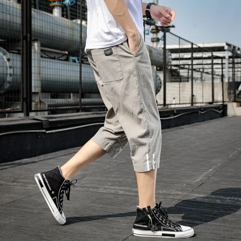 

Casual Men's Pants Linen Calf-Length Pants Elastic Waist Black Green Apricot M-2XL Calf-Length Pants
