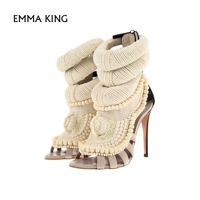 

New Summer Fashion Sandals Pearl Beadings Thin Heels Knitting Patchwork Sandalias Mujer Party Shoes Woman Zapatos De Mujer 2019