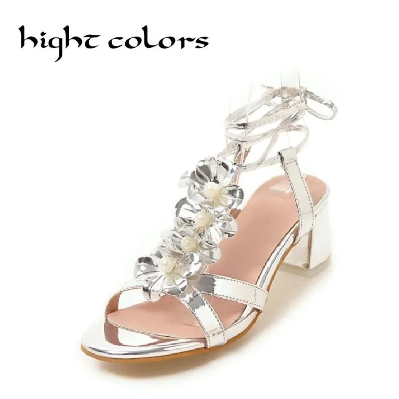 

Bohemia cross straps open toe sandals thick heel flower shoes female sandals for women size 31 32 33 40 - 43 gold sliver pink