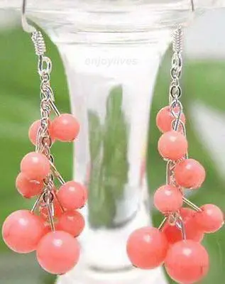 

new Pink Coral Beads Custer Grape White stone Hook Long Natural stone 925 Sterling Silver wedding jewelry earrings