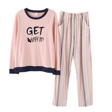 Женские пижамные комплекты; Лидер продаж; весенние хлопковые пижамы с длинными рукавами; домашнее платье; полосатые штаны с принтом; Милая свободная Пижама