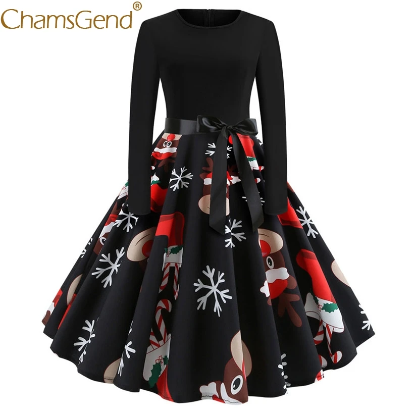 

Newly Design Women Winter Christmas Large Swing Dress Elk Print Vintage Elegant Women Dresses For Chrismas Evening Party 81114