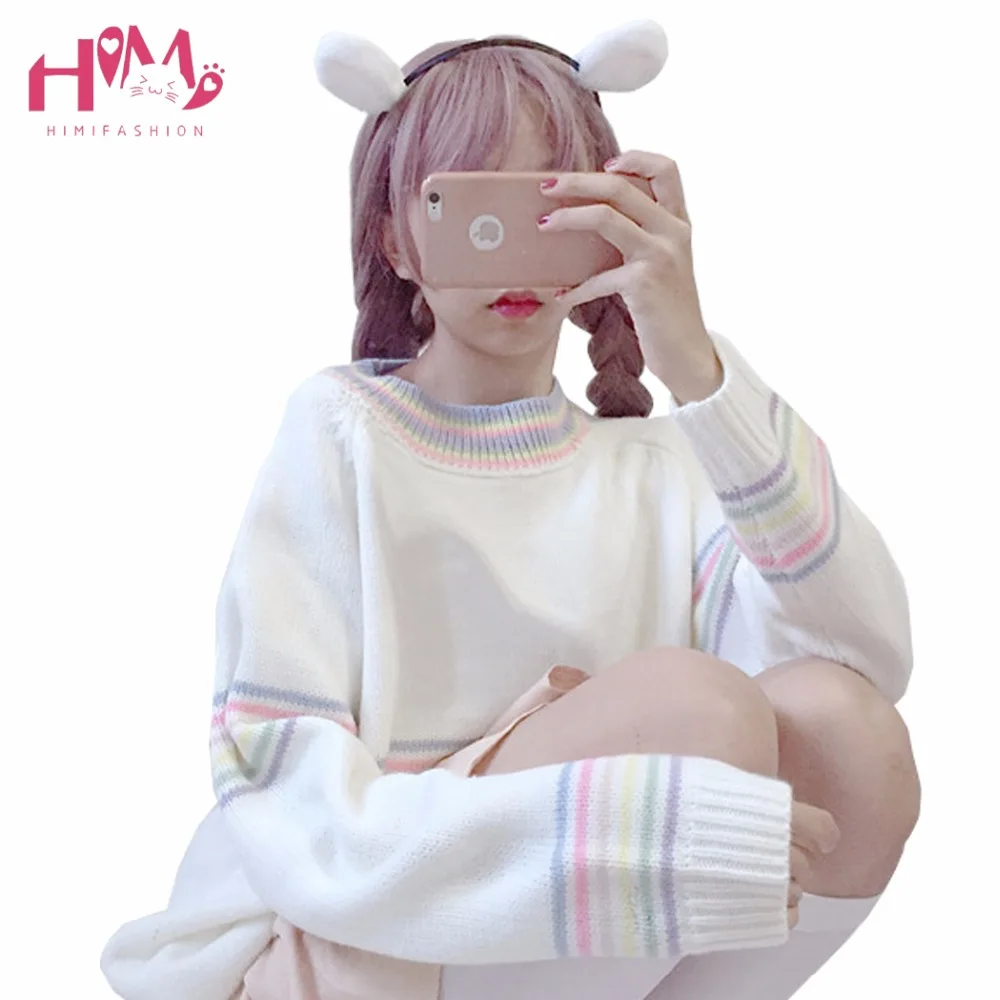 

Autumn Edition Fresh Sweet Girl Colorful Stripe Long Sleeve Pullover Student Knitted Coat Feminine White Stripes Sweater