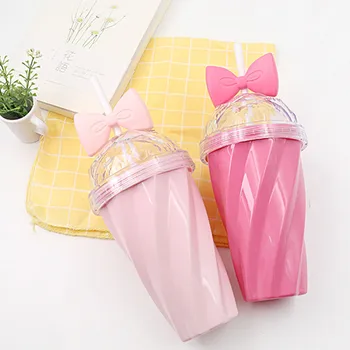 

400ML Lovely Straw bottles Cold Drink bottles Girl Fashion Bowknot Lid Plastic Twisted Straw Water Bottle 2020 Hot Sale #LR3