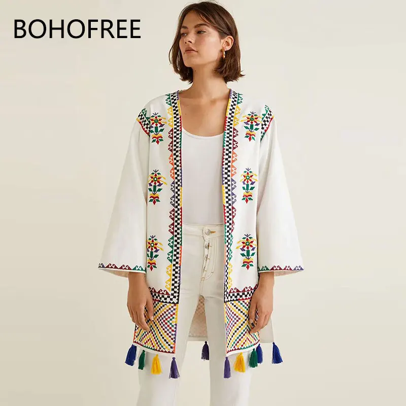 BOHOFREE Autumn Winter Boho Jackets Outerwear Embroidery Kimono Tassels