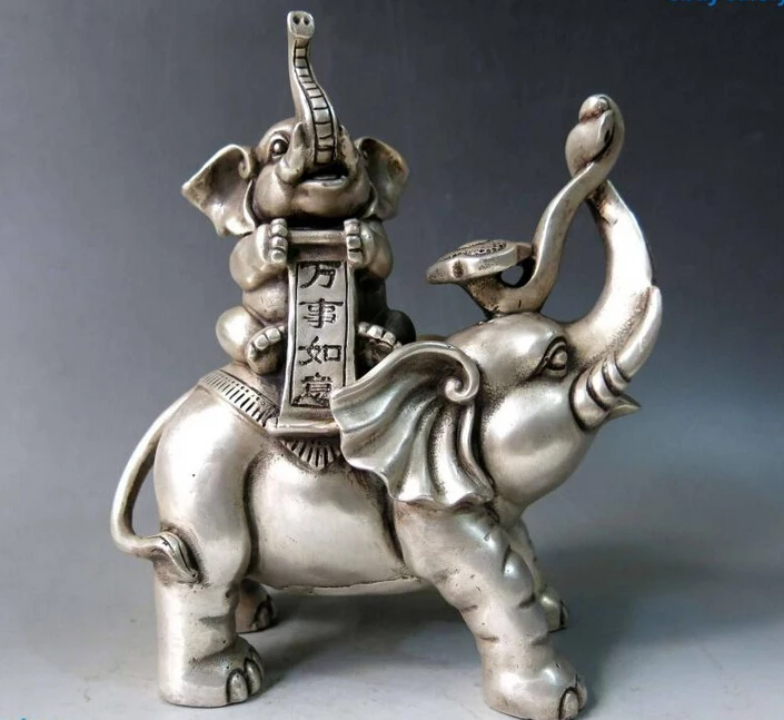 

R0722 Details about 8" China Silver carved Feng Shui as one wishes two Elephants Sculpture Statue B0403
