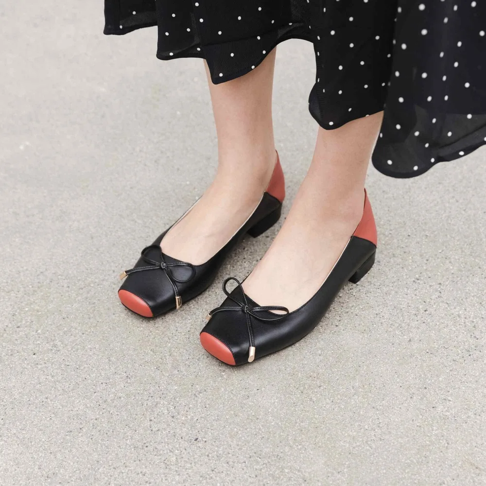 full grain leather low heels ballet dancer slip on bowtie decoration wedding basic style square toe women pumps L09 | Обувь
