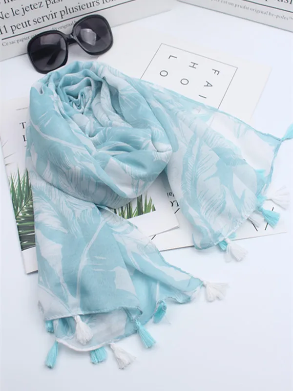 

2018 new fashion women's green leaves pattern printing fringed cotton scarf small fresh travel seaside beach sunscreen shawl