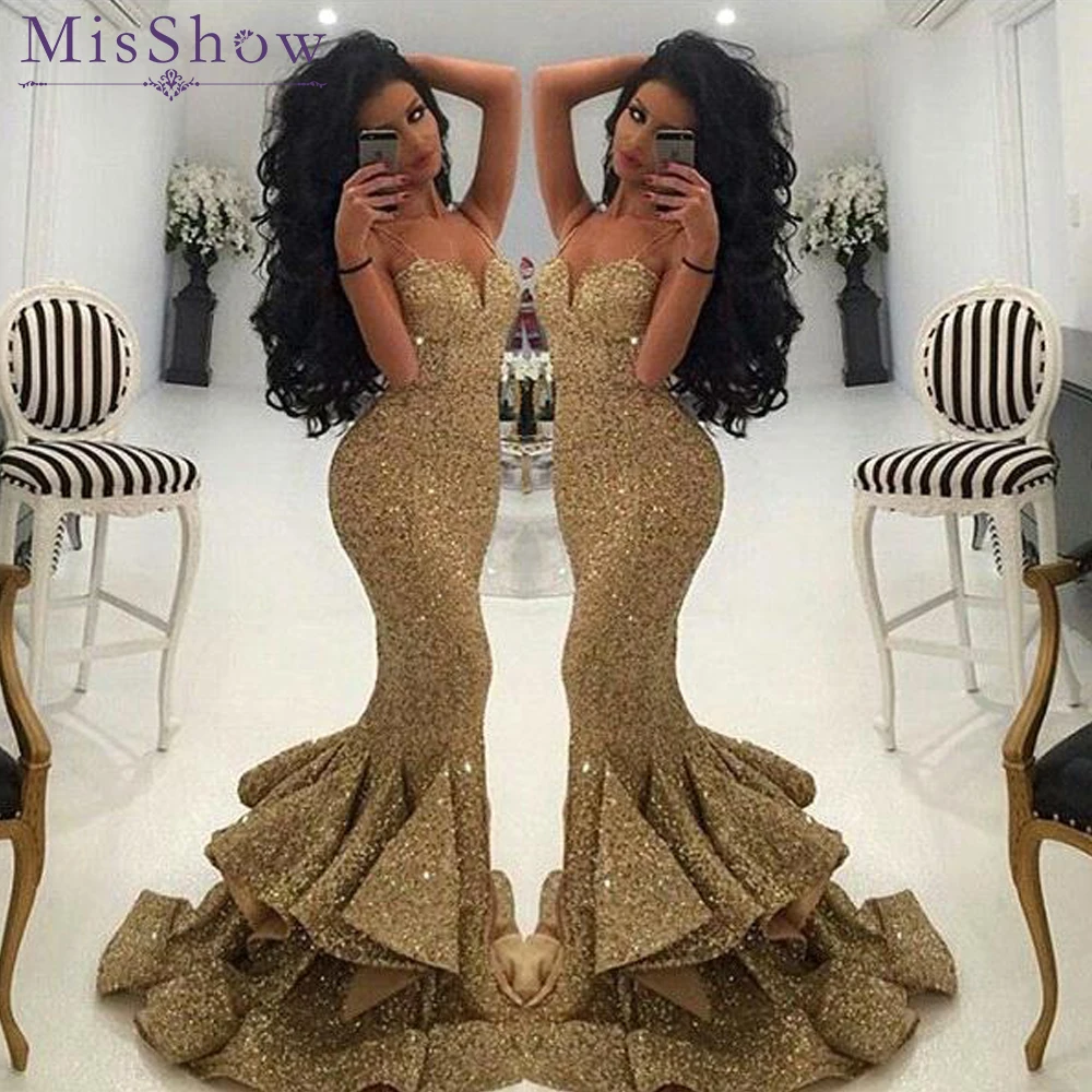 

New Designer Bling Gold Sequins Mermaid Evening Dresses 2019 Spaghetti Open Back Ruffles Sweep Train Evening Gowns Pageant Dress