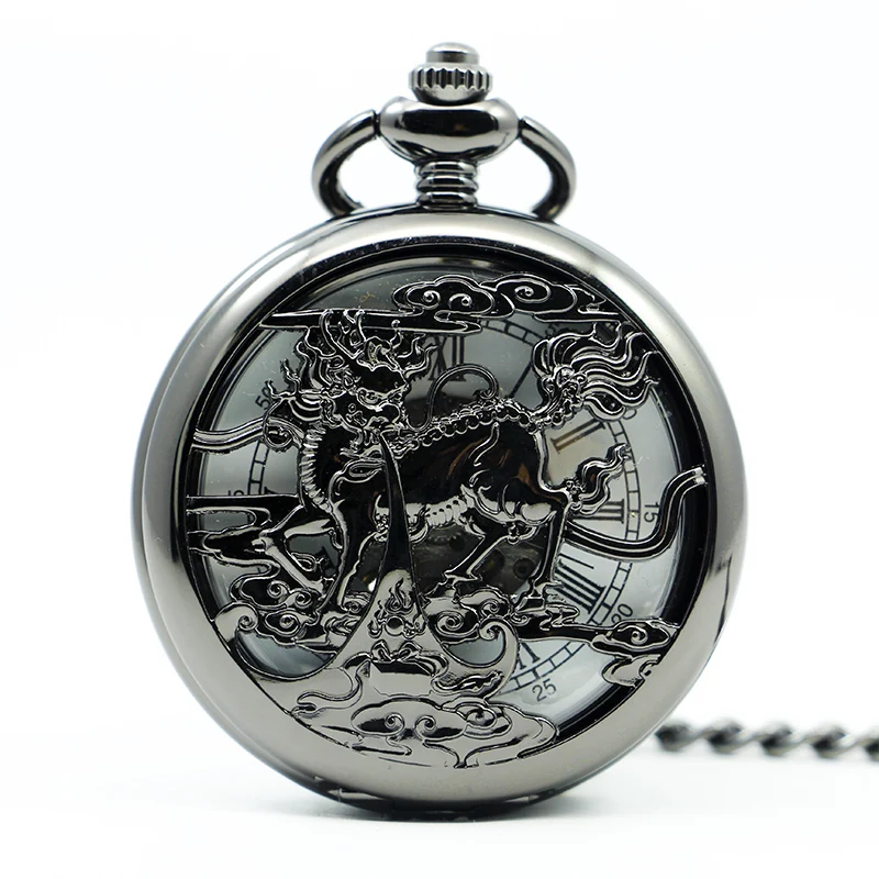 Mechanical Hand Wind Black Pocket font b Watch b font font b Steampunk b font Roman
