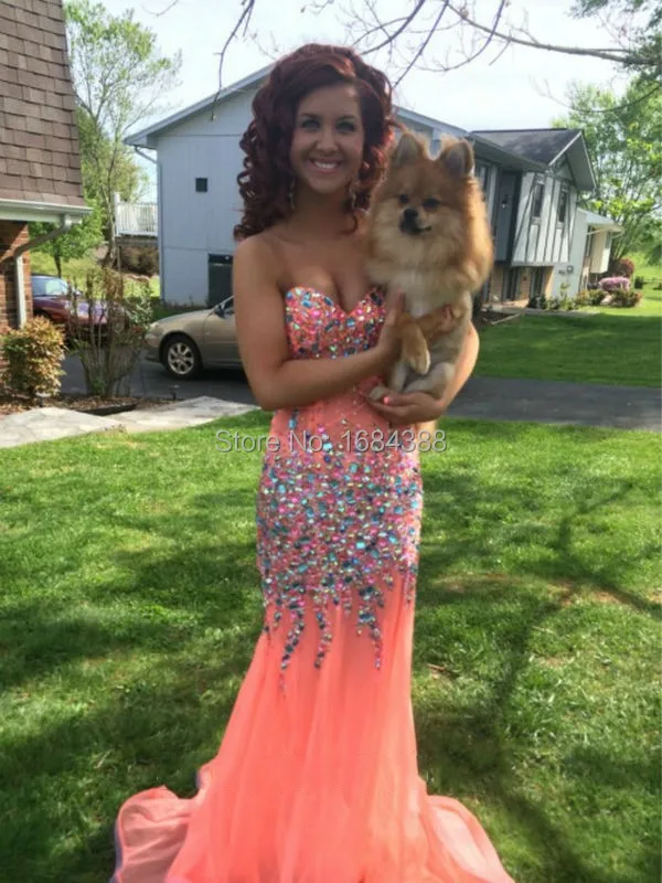 Sweetheart Chiffon Floor Length Evening Dress Sparkly Coral Prom ...