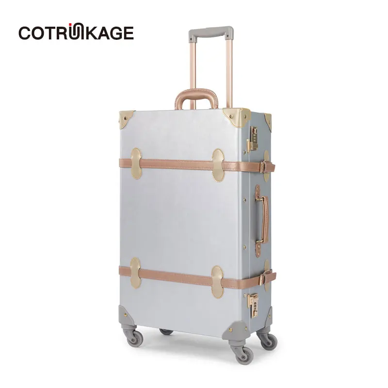 

COTRUNKAGE Silver 20" - 26" Spinner Wheels Retro Pu Leather Suitcase Women Trunk Vintage Luggages Girls Rolling Luggage