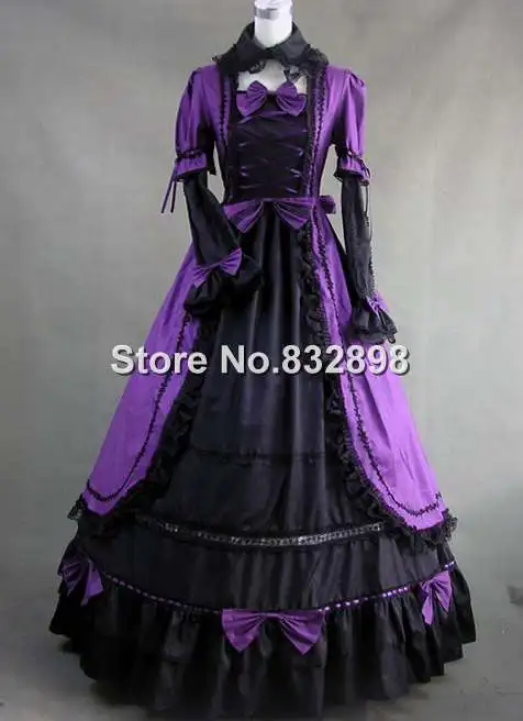 Paars en Zwart Gothic Victoriaanse Jurk Met Kant decoratie Kostuum met Bogen