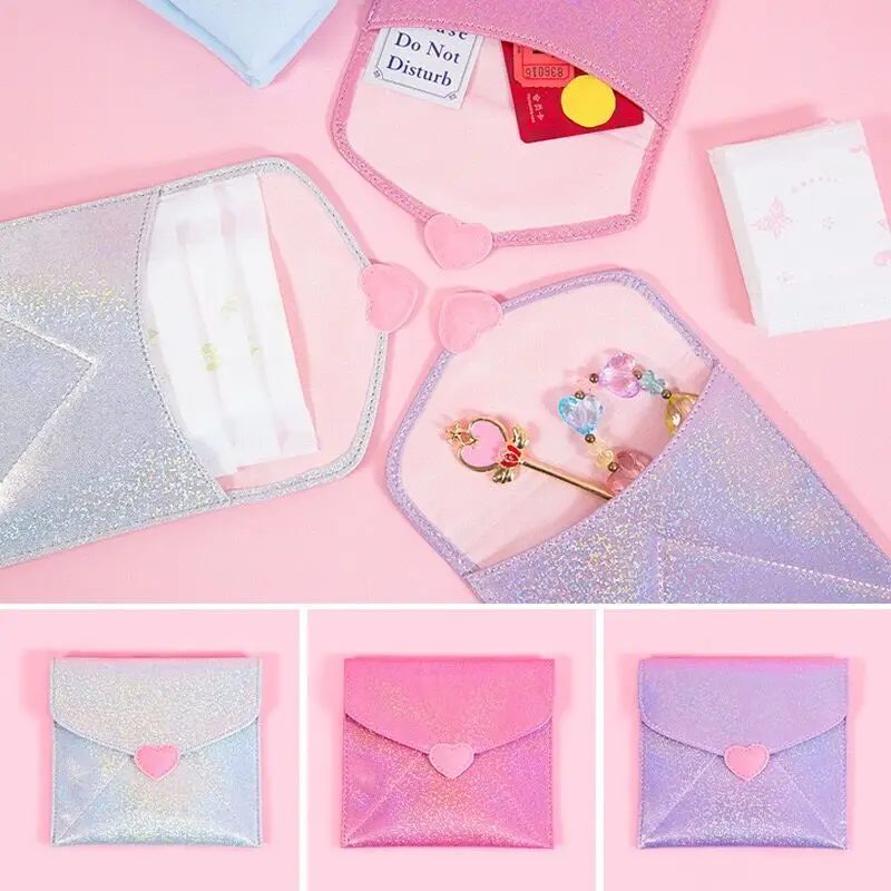 

Women Sanitary napkin Bag Female Solid Clear Tampon Bag Babysbreath Heart Portable Sanitary Bags Girls Card Holder Japan Milkjoy