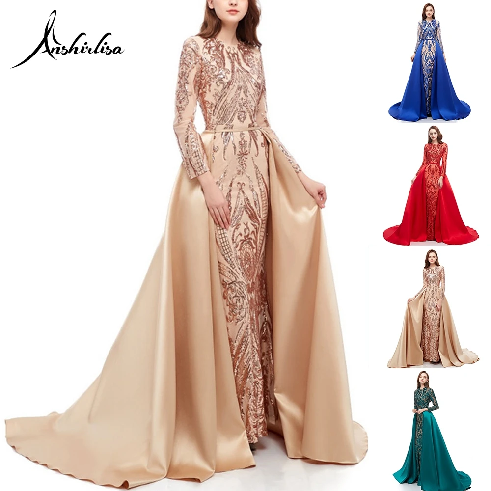 Anshirlisa/женское мусульманское вечернее платье Русалочки с длинным рукавом со съемным шлейфом, арабское вечернее платье с блестками, атласное платье для выпускного вечера