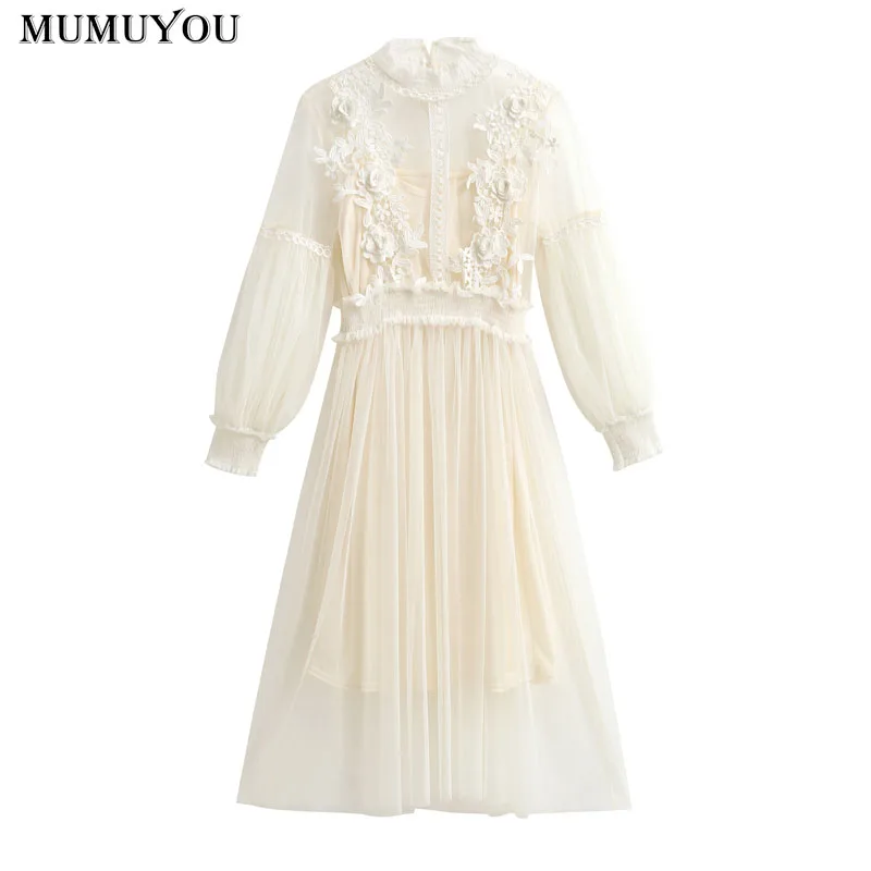 

Sweet Ladies Mesh Lace Pleated Dress Lantern Long Sleeve Floral Print Ruffled Neck Mid-Calf Fairy Party Dress 904-A269