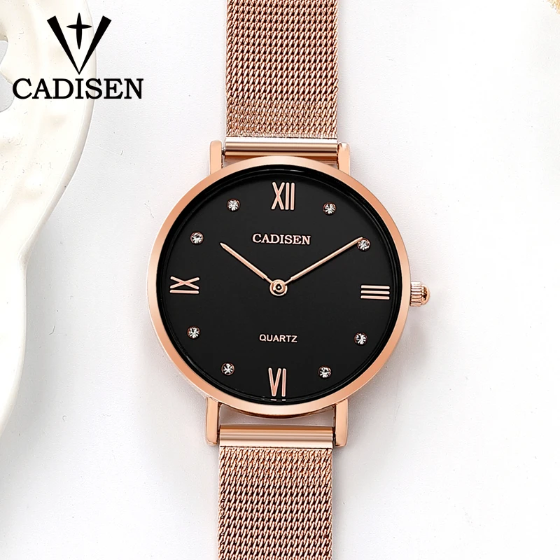 CADISEN Brand Luxury Fashion Ladies Watch Women Watch Thin Rose Gold Steel Mesh band Quartz Wristwatches Women relogio feminino