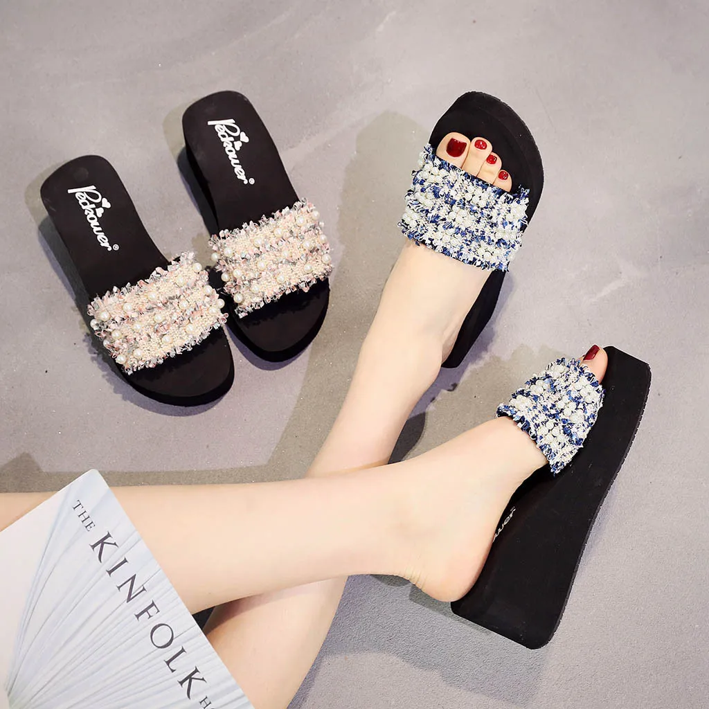 

Women Bohemian Style Sandals Crystal Bling Cloth Girls Fashion Summer Wedges Slippers Beach Shoe Thick Bottom 4 colors size35-42