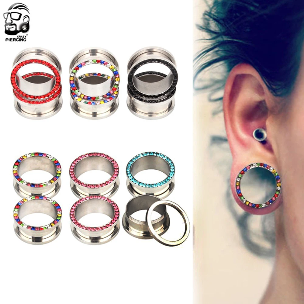 2PCS 6 colors Ear Plugs Tunnels with Crystal Screw Fit Flesh Tunnel Ear