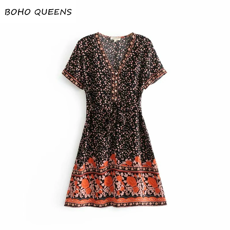 

Vintage women hippie vestidos floral print deep V-neck casual Bohemian mini dress Summer women short sleeve Boho dresses