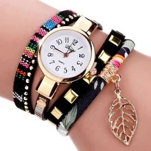 Duoya 2017 Fashion Ladies Watches Women Dress Luxury Leaf Fabric Gold Wrist Watch For Women Bracelet Vintage Sport Clock Watch