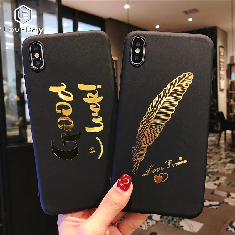 

Lovebay Phone Case For iPhone 6 6s 7 8 Plus X XR XS Max Cartoon Gold Letter Feather Smiley Face Soft TPU For iPhone X Phone Case