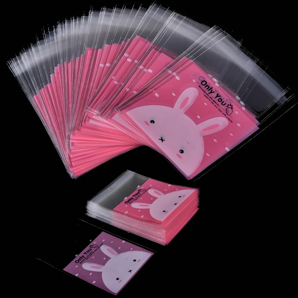100PCS Kawaii Packaging Bags Cute Pink Rabbit Print Gifts Bags Plastic