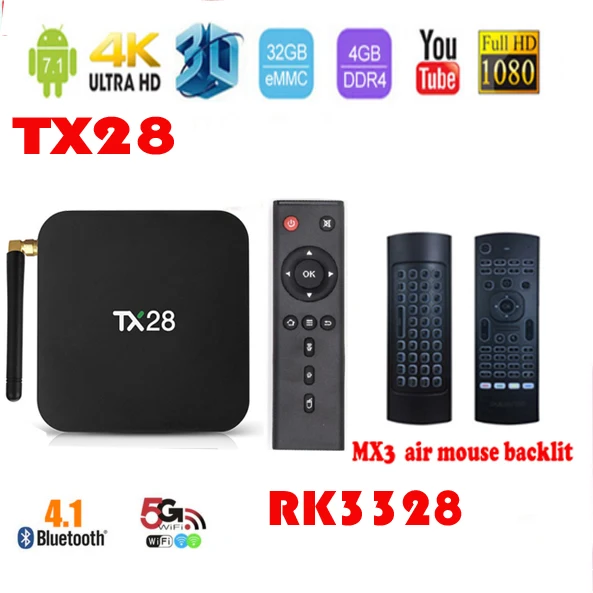 

5PCS TX28 TV Box RK3328 Andriod 7.1 4GB RAM 32GB ROM 2.4G 5G Dual WiFi BT4.1 100Mbps USB3.0 3D 4K 1080P Media Player