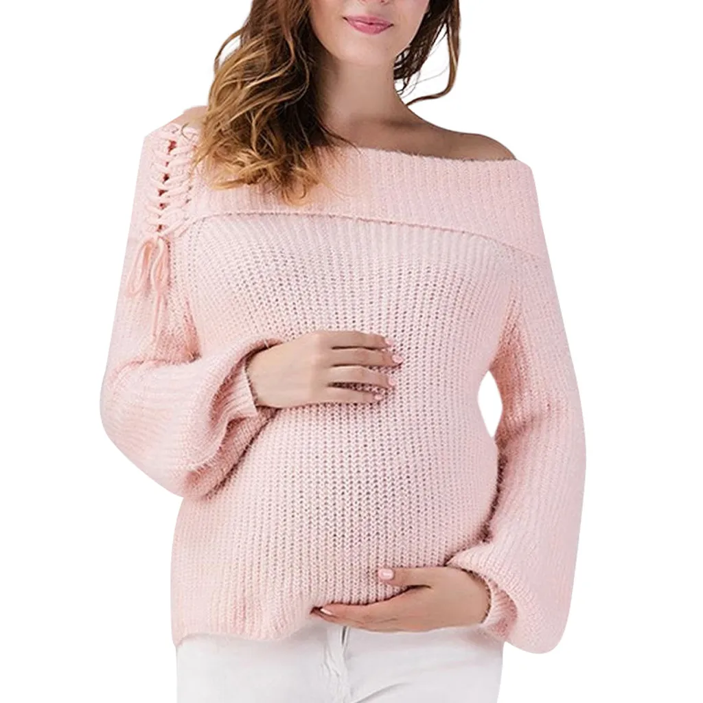 Женский вязаный свитер для беременных, топы на шнуровке, вязаный свитер