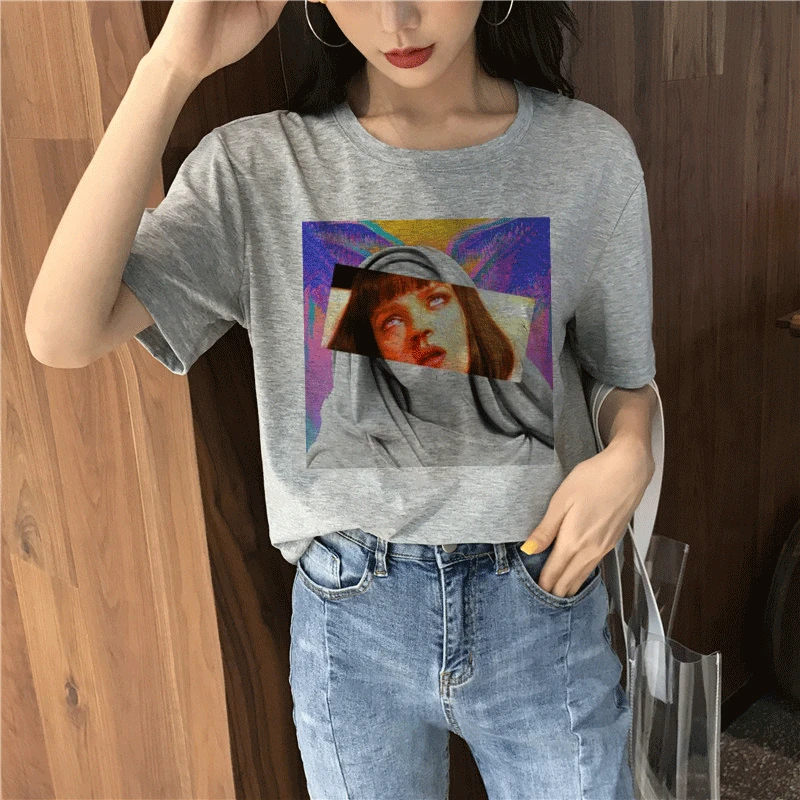 

Summer Pulp Fiction Movie T Shirt Harajuku Ullzang 90s Korean T-shirt Aesthetic Funny Print Gray Tshirt Graphic Tees Women Tops