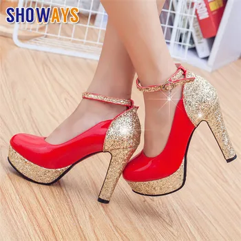 

Luxury White Wedding Women Platform Pumps 12cm Spike Chunky High Heels Red Bottom Patent Leather Party Ankle Strap Lady Stiletto