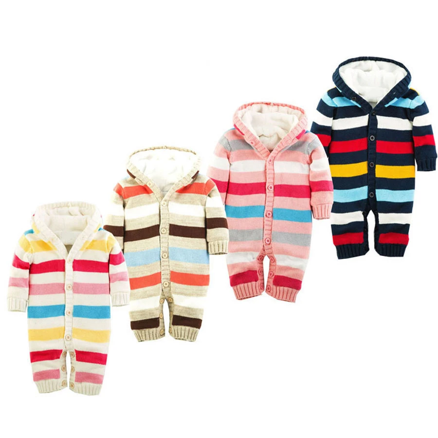 Hot sale Baby Boys Rompers New Winter Thick Woolen Baby Jumpsuits Christmas Stripe style Baby
