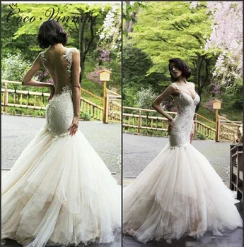

Sleeveless Illusion Back Puff Skirt Mermaid Wedding Dress Bridal Gown White Court Train Embroidery Custom Made Wedding Dresses