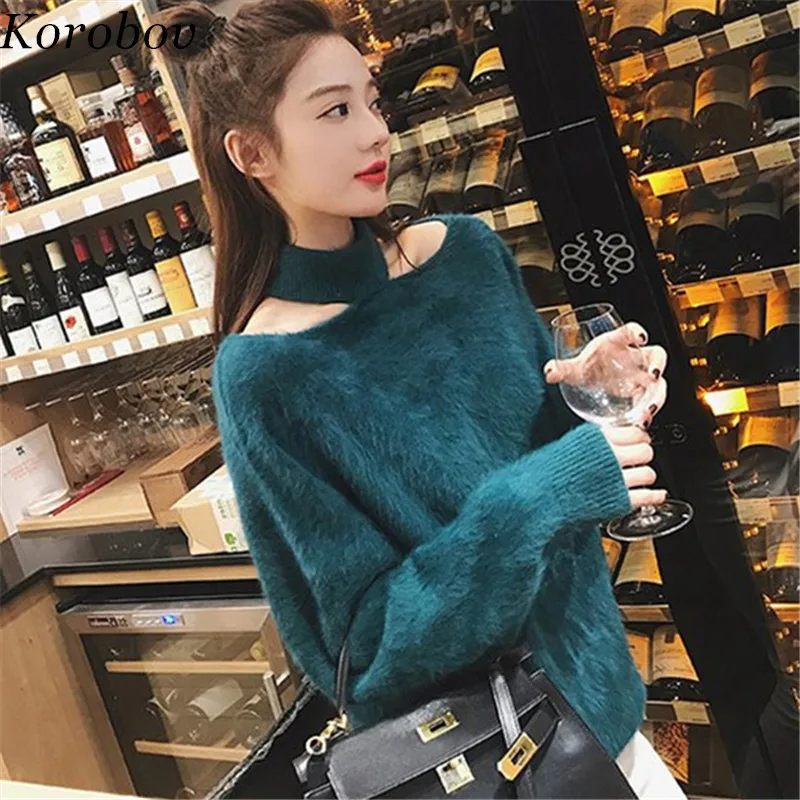 

2019 New Auttum Winter Female Sweater Preppy Style Loose Casual Pullovers European Solid Off Shoulder Knitwear Tops 75910