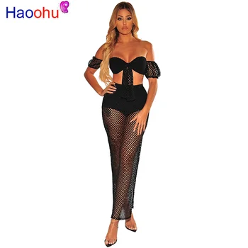 

HAOOHU Fishing net Hollow Out Mesh Summer 2 Piece Set Woman Strapless Short Lantern Sleeve Crop Top +High Slit Maxi Skirt Suits
