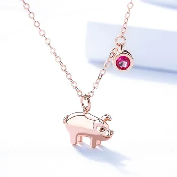 

S925 Sterling silver jewelry cartoon Rose Gold Pig Pendant 2019 Zodiac pig necklace female clavicle chain for Christmas gift