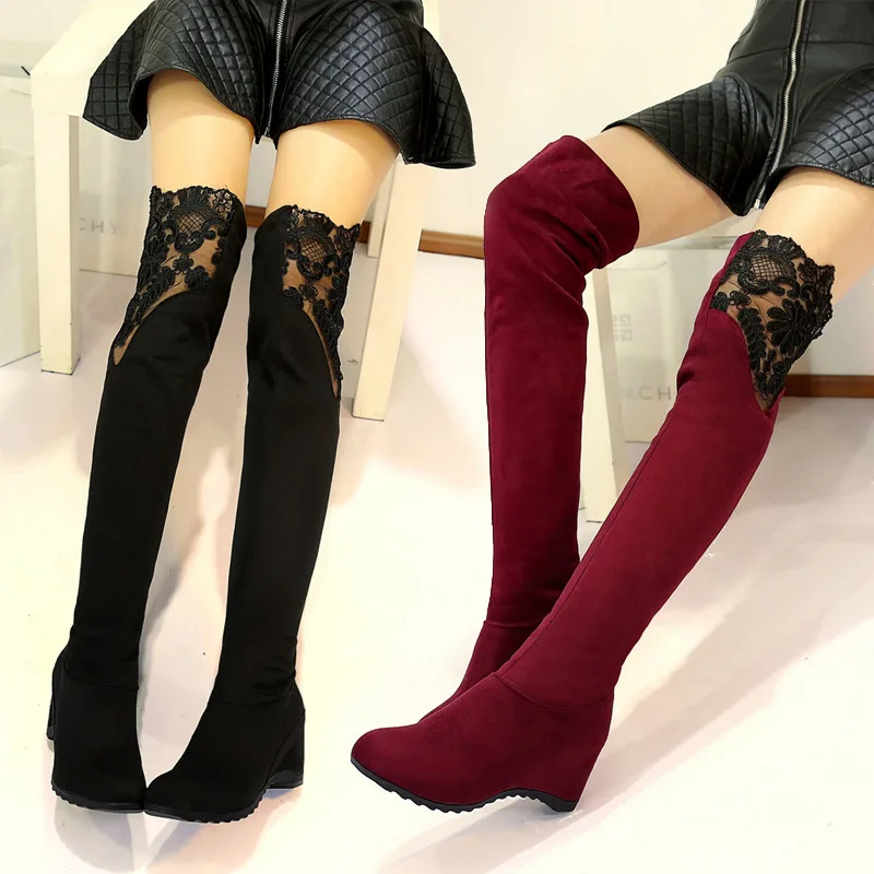 

Red Black Suede High Heels Shoes Womens Elegant Stitching Lace Over The Knee Wedge Ladies Casual Winter Boots Cheap