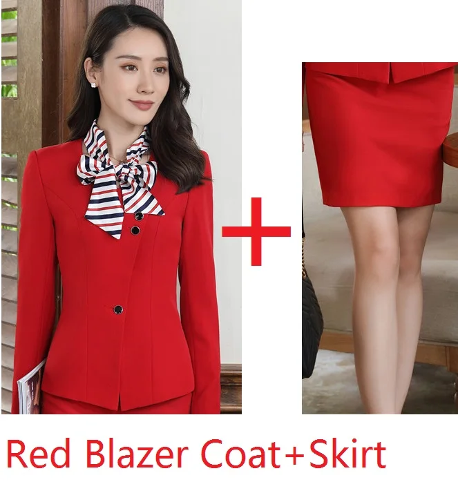 Формальные Пиджаки для женщин с Куртки и юбка для дамы Бизнес Для женщин Единые Стили с шарфом плюс Размеры осень-зима Костюмы юбочные для женщин - Цвет: Red