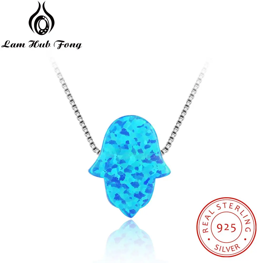 

925 Sterling Silver Blue Fire Opal Chain Necklaces Fatima Hand Opal Necklace S925 Silver Jewelry Gifts for Women (Lam Hub Fong)
