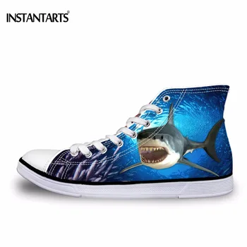 

INSTANTARTS High Top Women Vulcanize Shoes Fashion Blue Sea Wolrd Design 3D Animal Shark Dolphin Bear Prints Casual Canvas Shoes