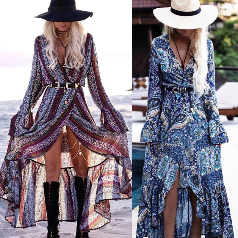 

Boho Fashion Ladies Women Long Maxi Dress Floral Loose Long Flare Sleeve Beach Dress Sundress Banquet Party Summer Holiday