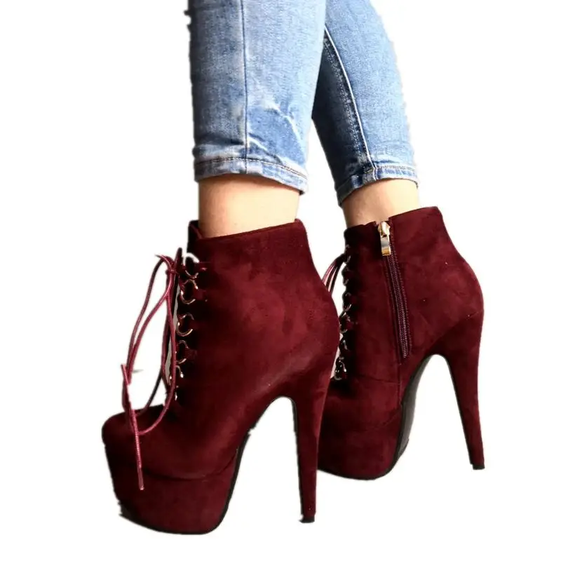 Бордовый Sorbern ботильоны для женщин Высокие каблуки Шпильки zapatos mujer сапоги на платформе женские ботильоны Большие размеры - Цвет: Бордовый