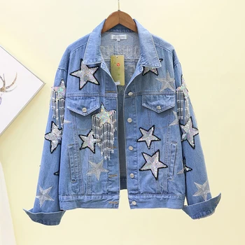 

SexeMara fashion The New Loose Sequin embroidery Diamond tassel Denim jacket Free shipping
