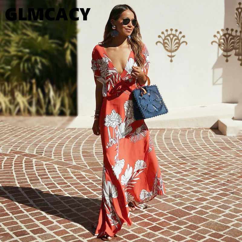 

Women Bohemian Chiffon Deep V-neck Asymmetrical Flora Print Short Sleeve Ankle-Length Summer Dress